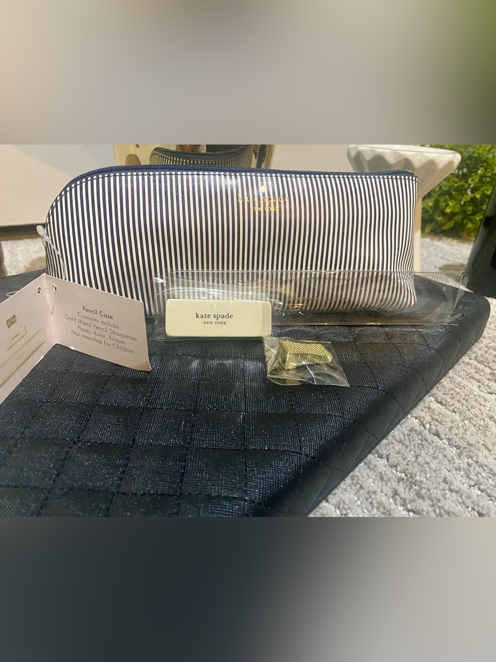 kate spade navy and white striped pencil pouch with gold logo